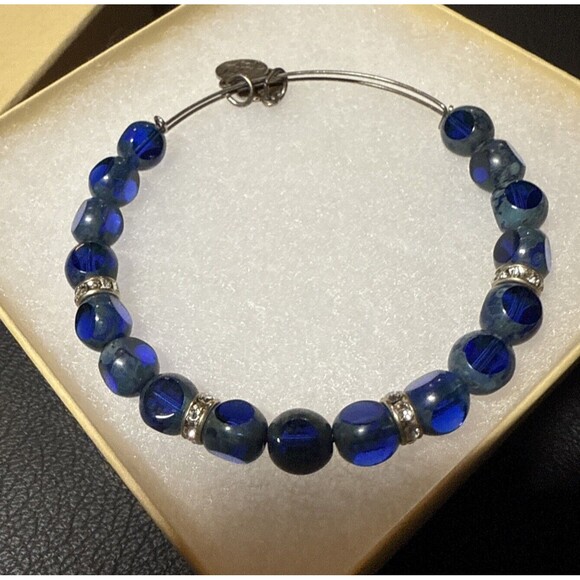 Alex And Ani Silver Bangle Bracelet Blue Small Beads PREOWNED - Picture 1 of 4
